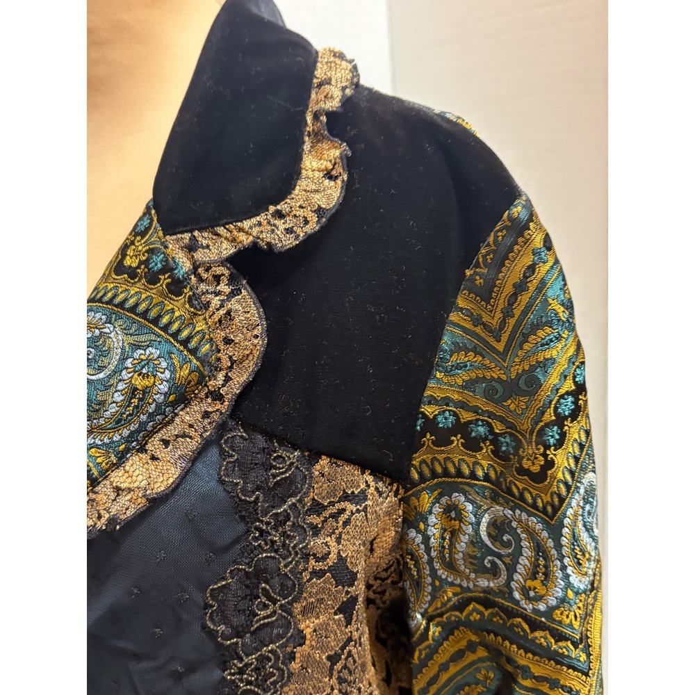 Coldwater Creek Paisley Blazer PM Boho Velvet Lace Teal Gold Romantic Jacket VTG - Picture 5 of 9